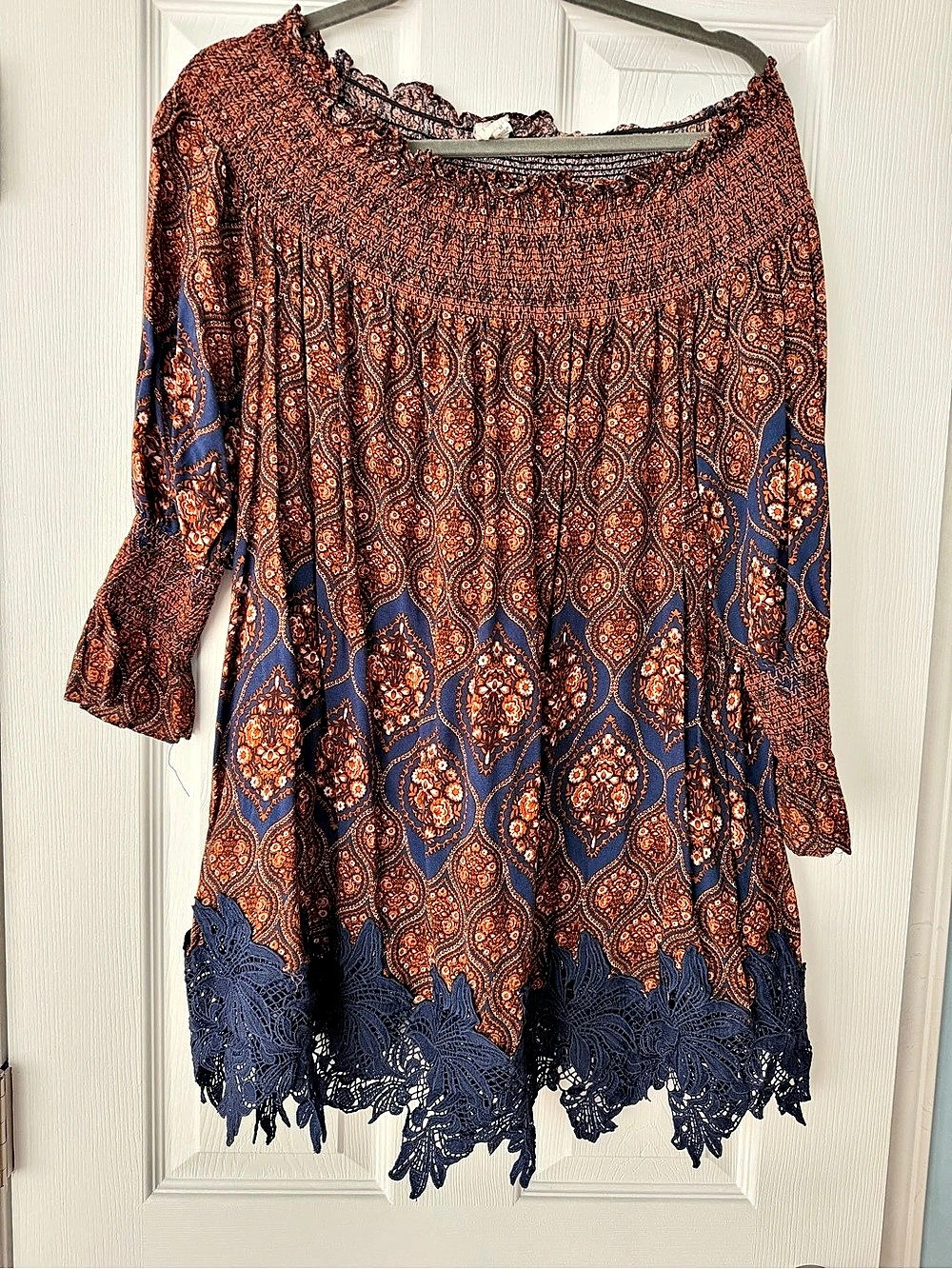 Free People Paisley Lace Hem Tunic in Blue & Brown